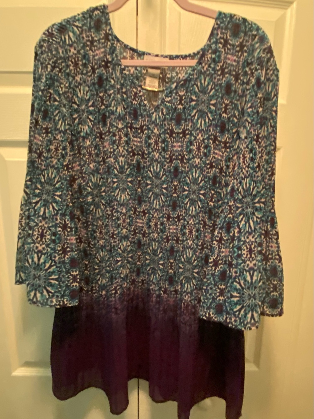 Catherines Affinity Chain Pleated Blouse Purple Blue Paisley/Geometric  2X